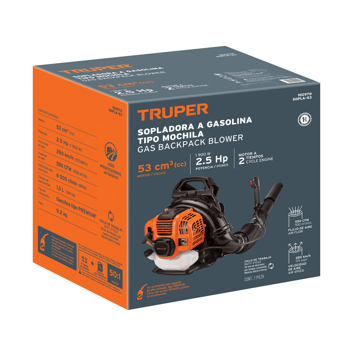 Sopladora con motor de 53cc a gasolina, tipo mochila, TRUPER, Truper, SKU 102970 — vista 2