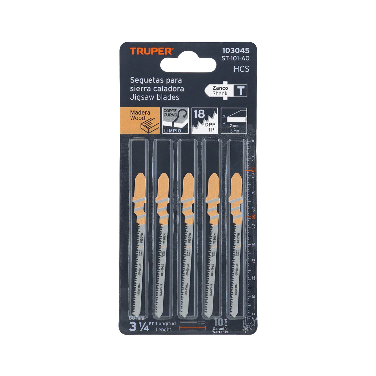 Blíster 5 seguetas T, 18 DPP HCS, corte curvo limpio/madera, Truper, SKU 103045 — vista 2
