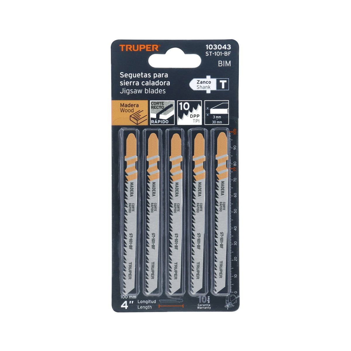 Blíster 5 seguetas T, 10 DPP BIM, corte recto p/ madera dura, Truper, SKU 103043 — vista 2