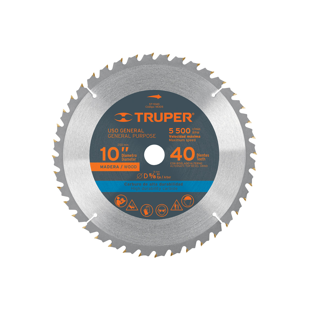 Disco sierra 10' para madera 40 dientes centro 5/8' TRUPER — foto oficial 1