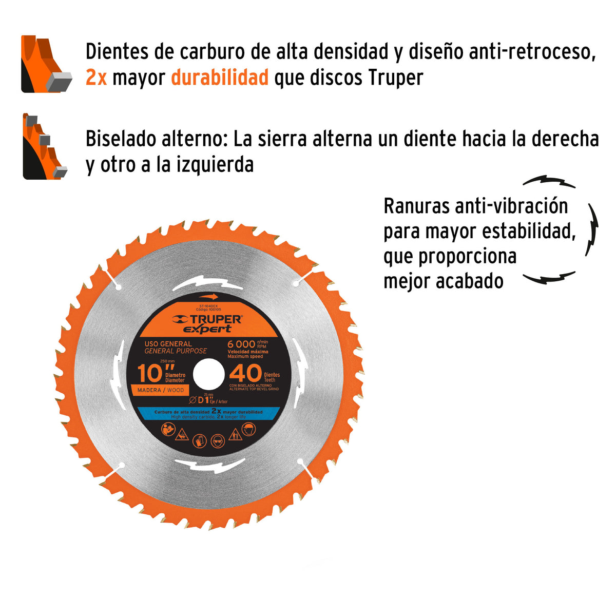 Disco sierra 10' para madera, 40 dientes centro 1', EXPERT, Expert, SKU 100105 — vista 3