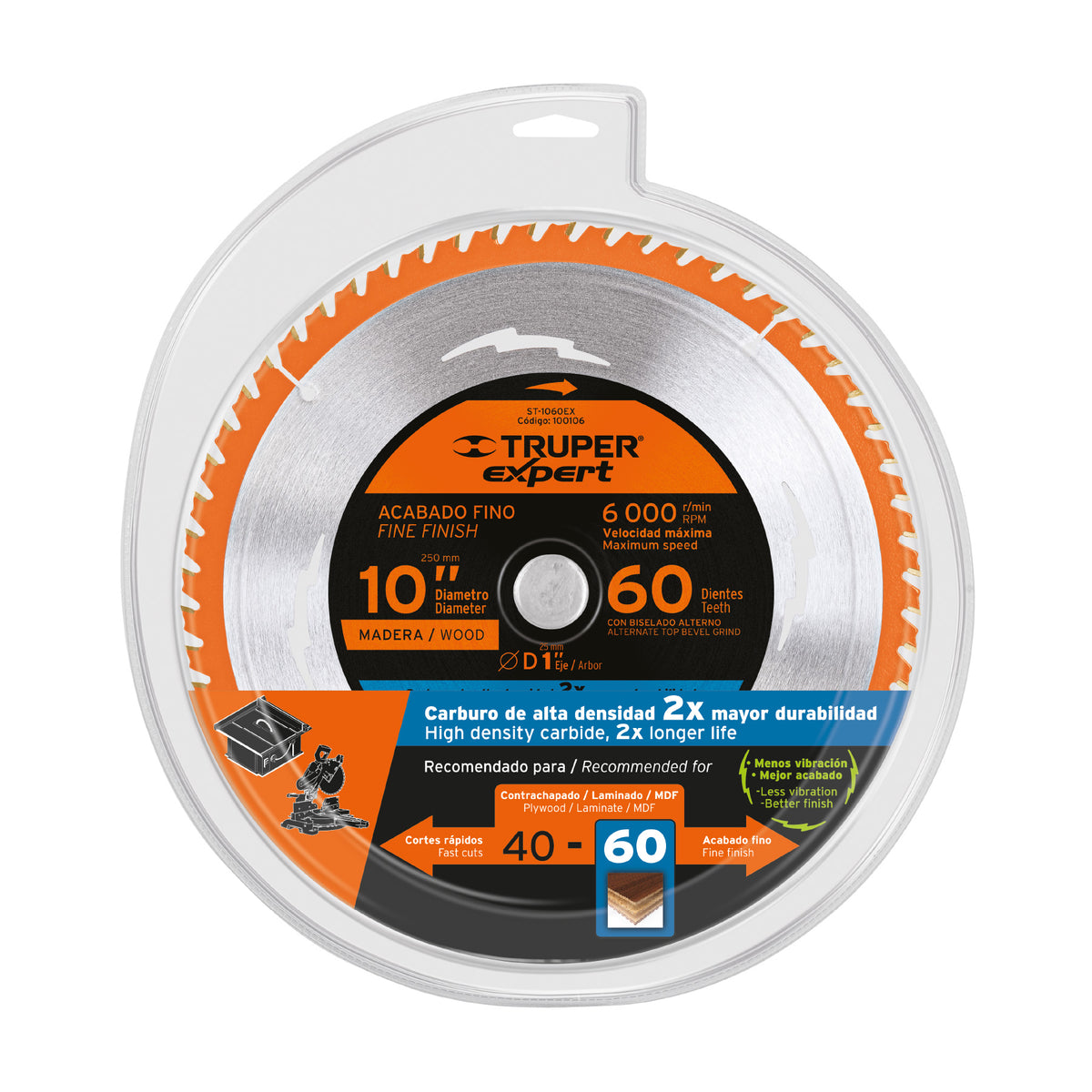 Disco sierra 10' para madera, 60 dientes centro 1', EXPERT, Expert, SKU 100106 — vista 2