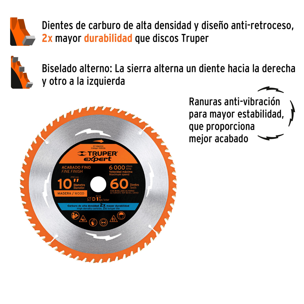 Disco sierra 10' para madera, 60 dientes centro 1', EXPERT, Expert, SKU 100106 — vista 3