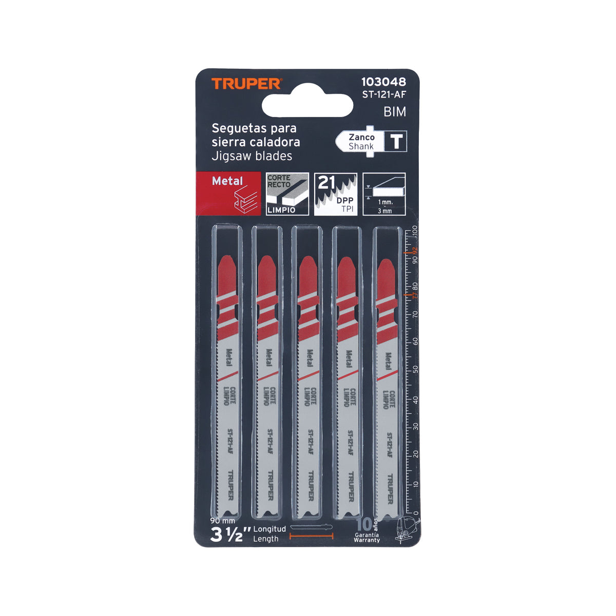 Blíster 5 seguetas T, 21 DPP BIM, corte recto rápido/metal, Truper, SKU 103048 — vista 2