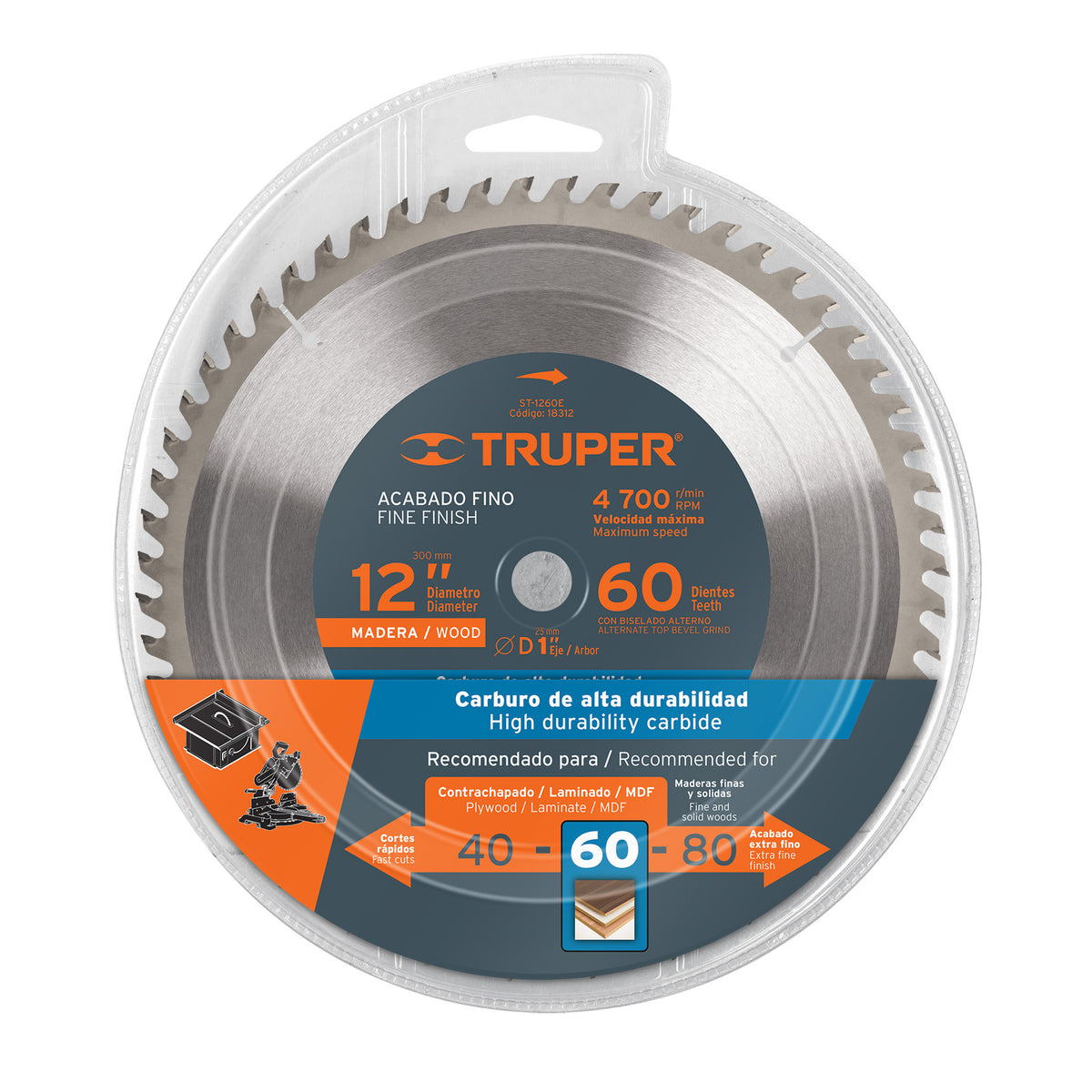 Disco sierra 12' para madera 60 dientes centro 1' TRUPER — foto oficial 2