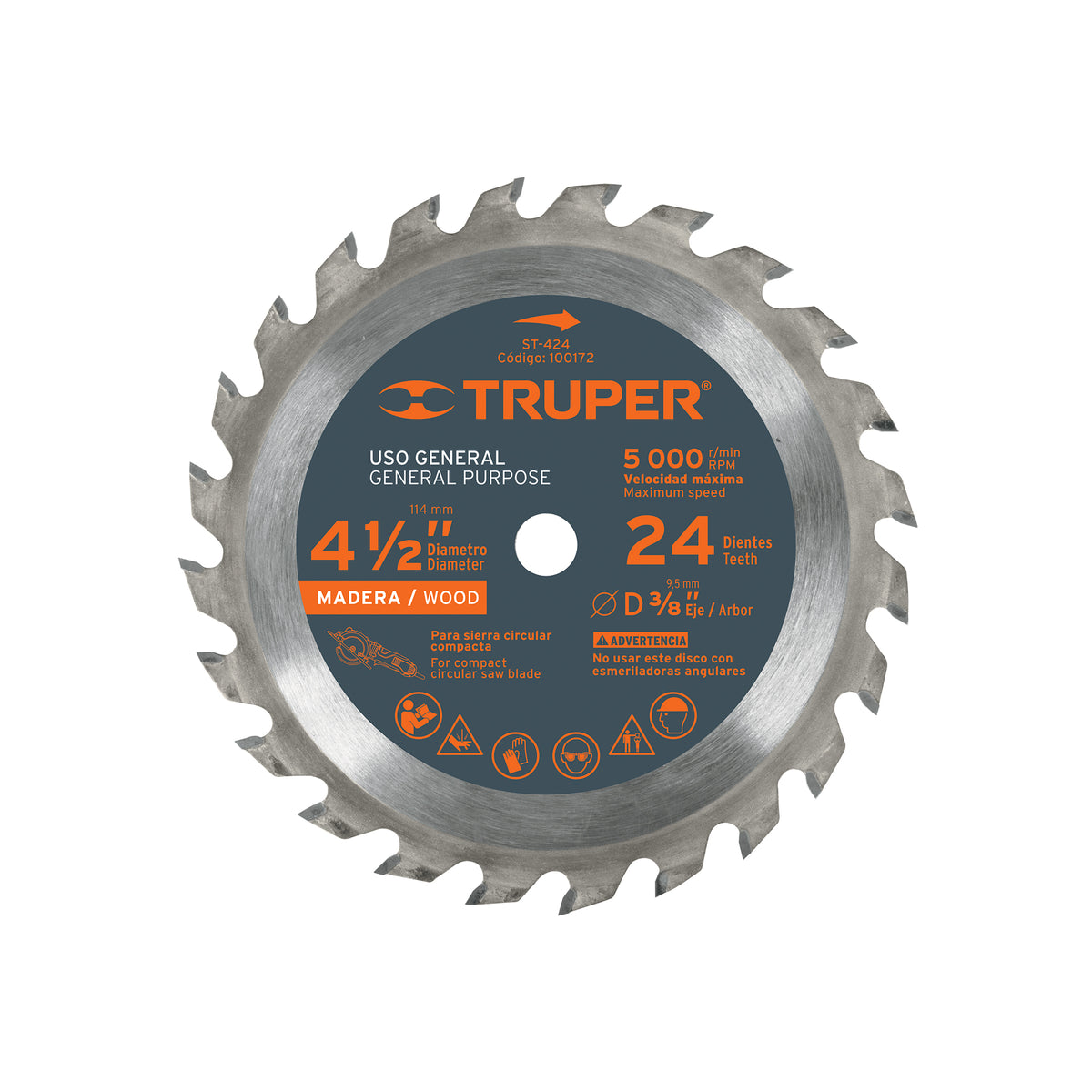 Disco sierra 4-1/2' para madera, 24 dientes centro 3/8', Truper, SKU 100172