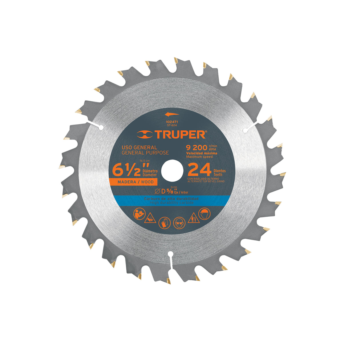 Disco sierra 6-1/2' p/madera, 24 dientes con centro 5/8', Truper, SKU 102471