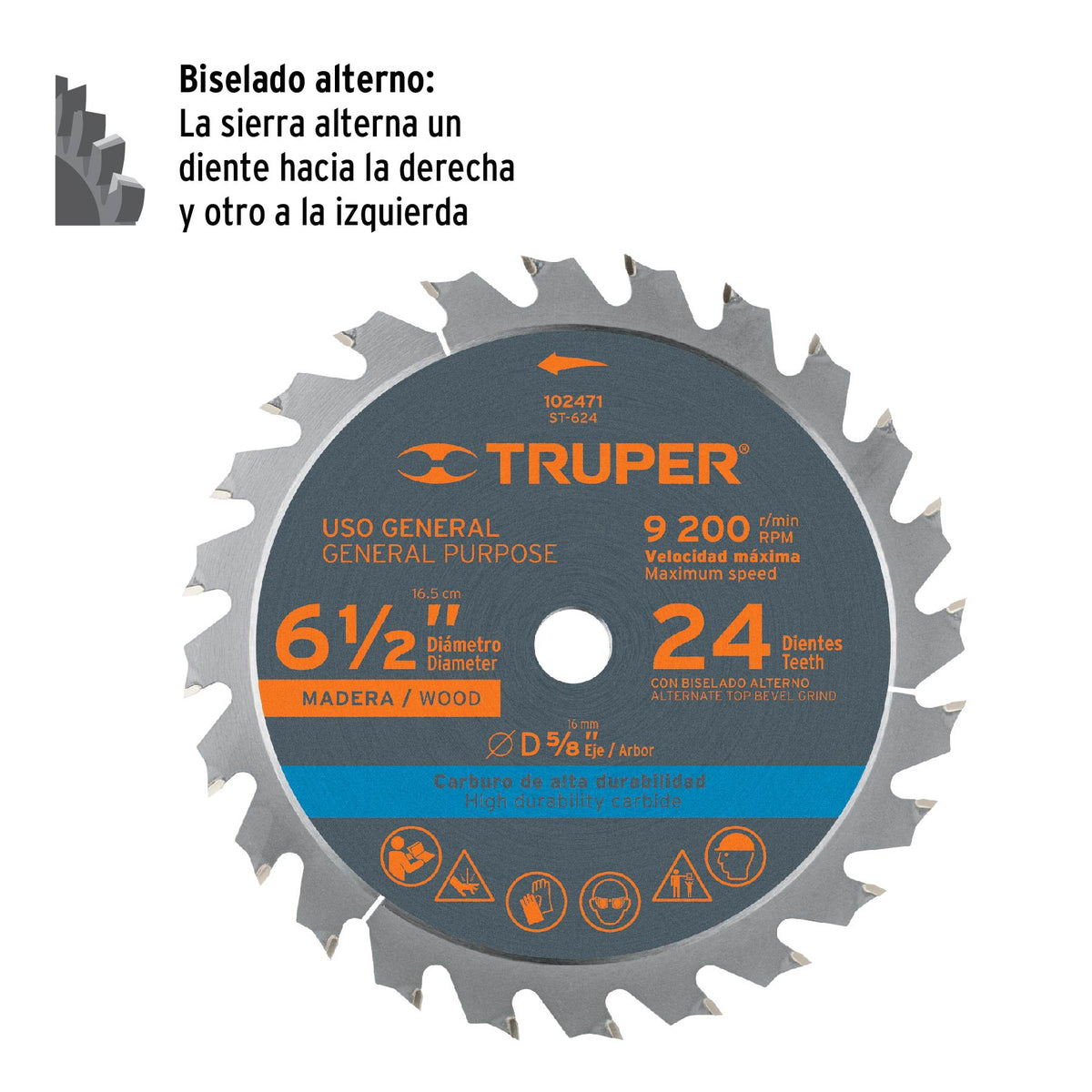 Disco sierra 6-1/2' p/madera, 24 dientes con centro 5/8', Truper, SKU 102471 — vista 3