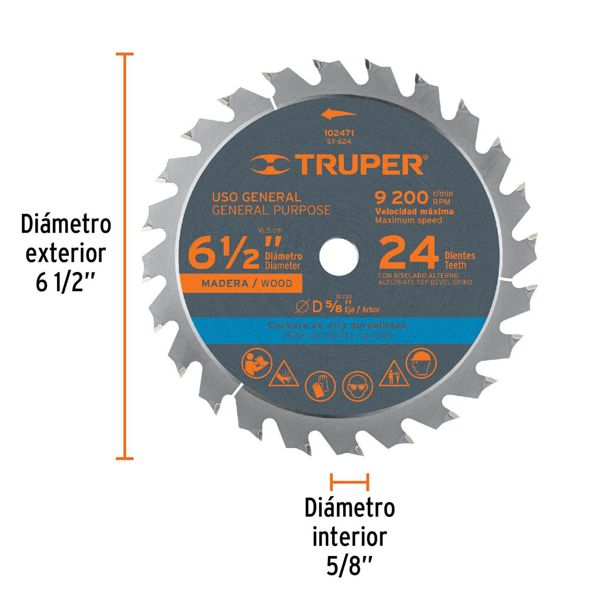 Disco sierra 6-1/2' p/madera, 24 dientes con centro 5/8', Truper, SKU 102471 — vista 4