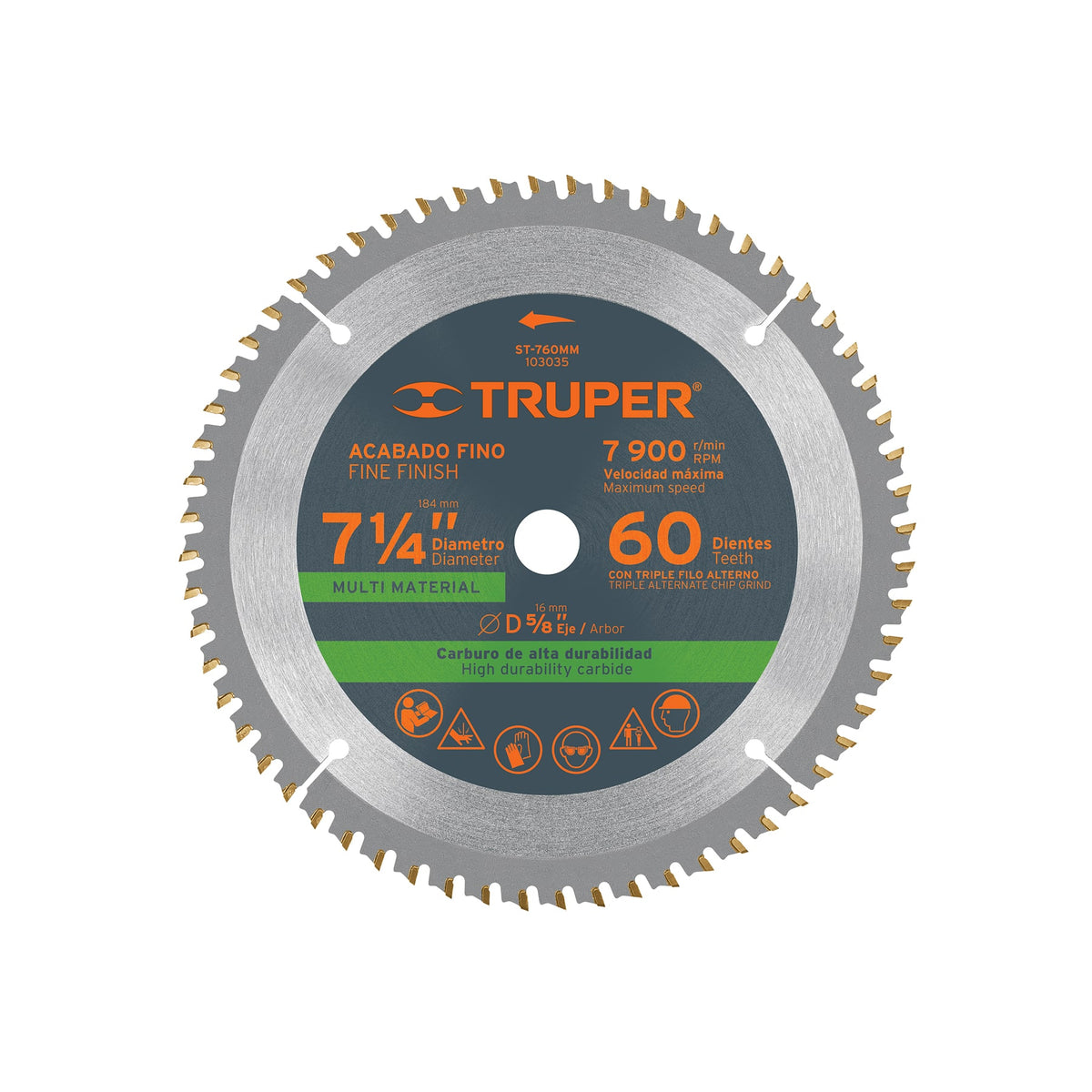 Disco sierra 7-1/4' multimaterial, 60 dientes centro 5/8', Truper, SKU 103035