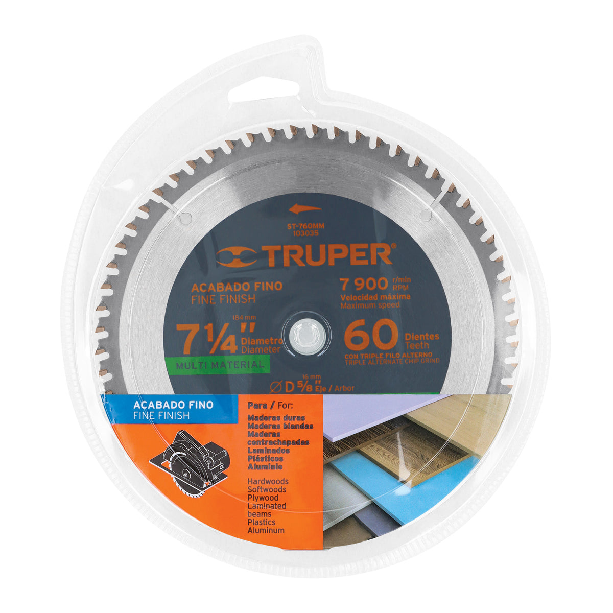 Disco sierra 7-1/4' multimaterial, 60 dientes centro 5/8', Truper, SKU 103035 — vista 2