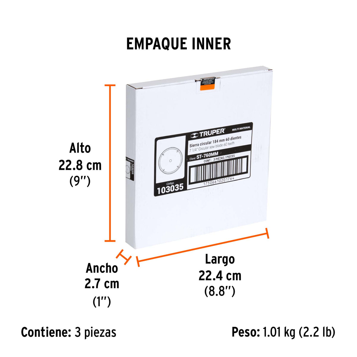 Disco sierra 7-1/4' multimaterial, 60 dientes centro 5/8', Truper, SKU 103035 — vista 6