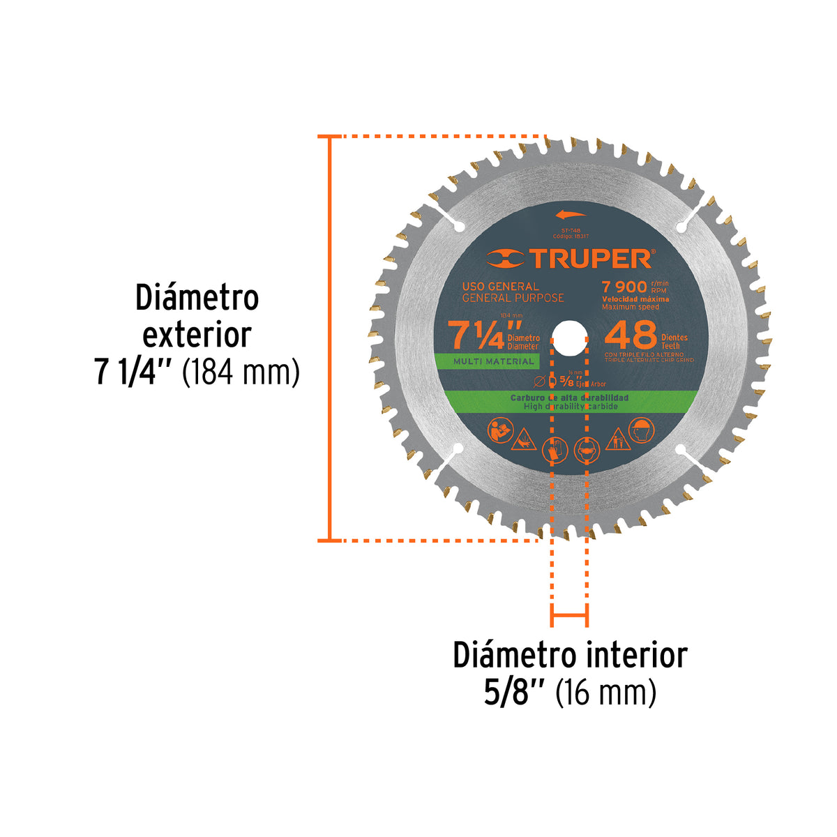 Disco sierra 7-1/4' multimaterial, 60 dientes centro 5/8', Truper, SKU 103035 — vista 3