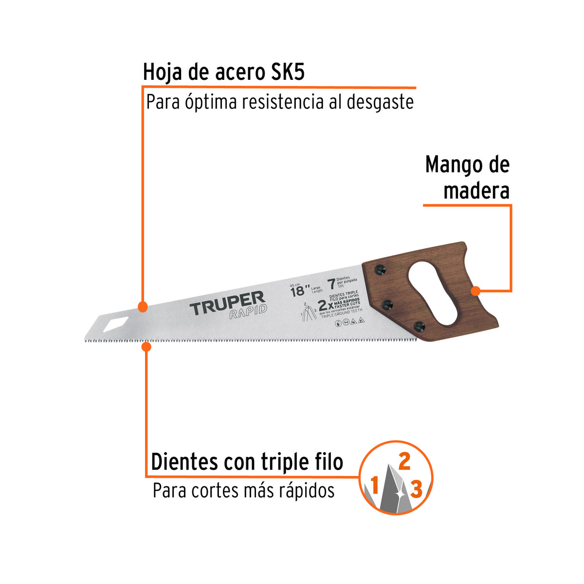 Serrucho Rapid 18', 7 DPP, mango de madera, TRUPER, Truper, SKU 102950 — vista 3