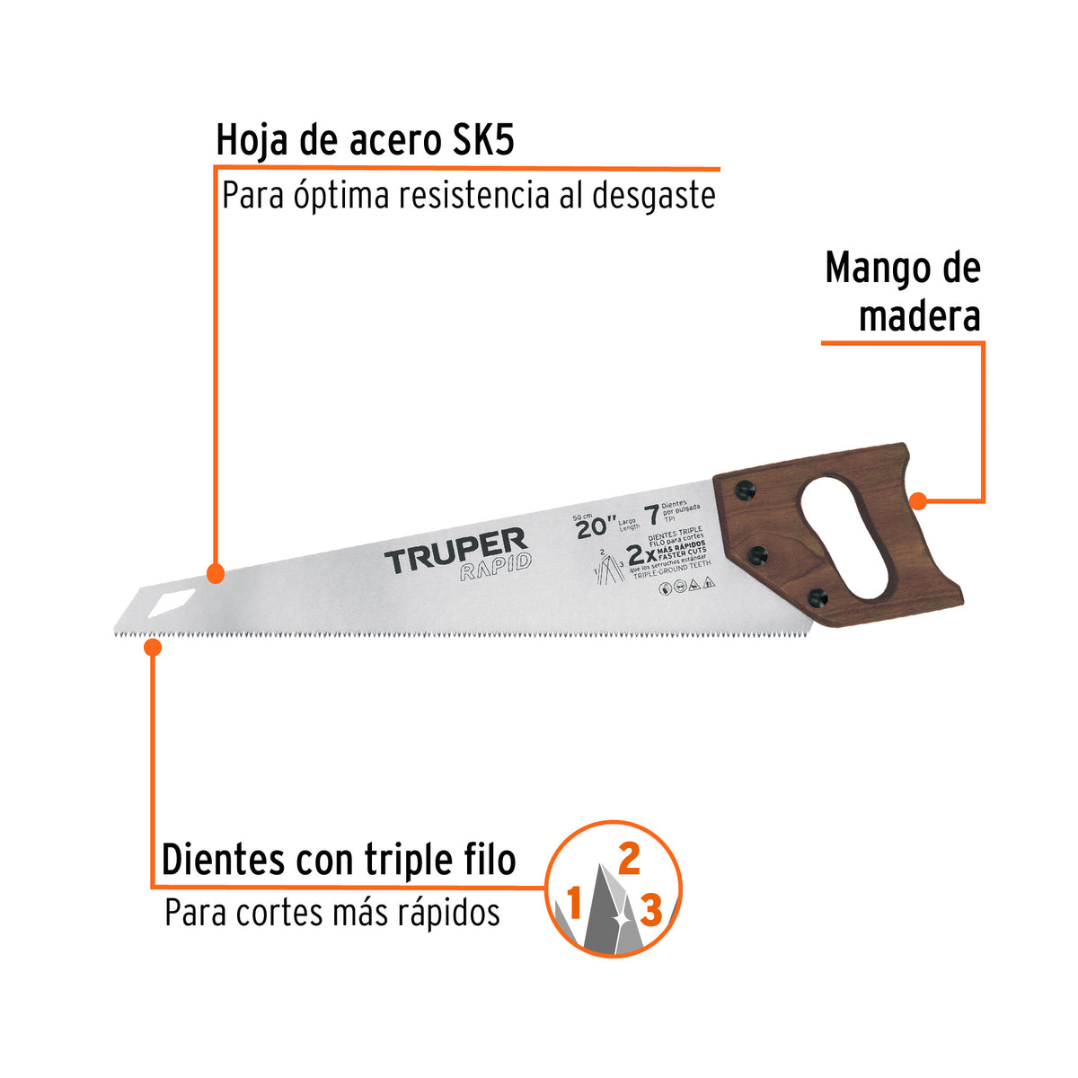 Serrucho Rapid 20', 7 DPP, mango de madera, TRUPER, Truper, SKU 102951 — vista 3