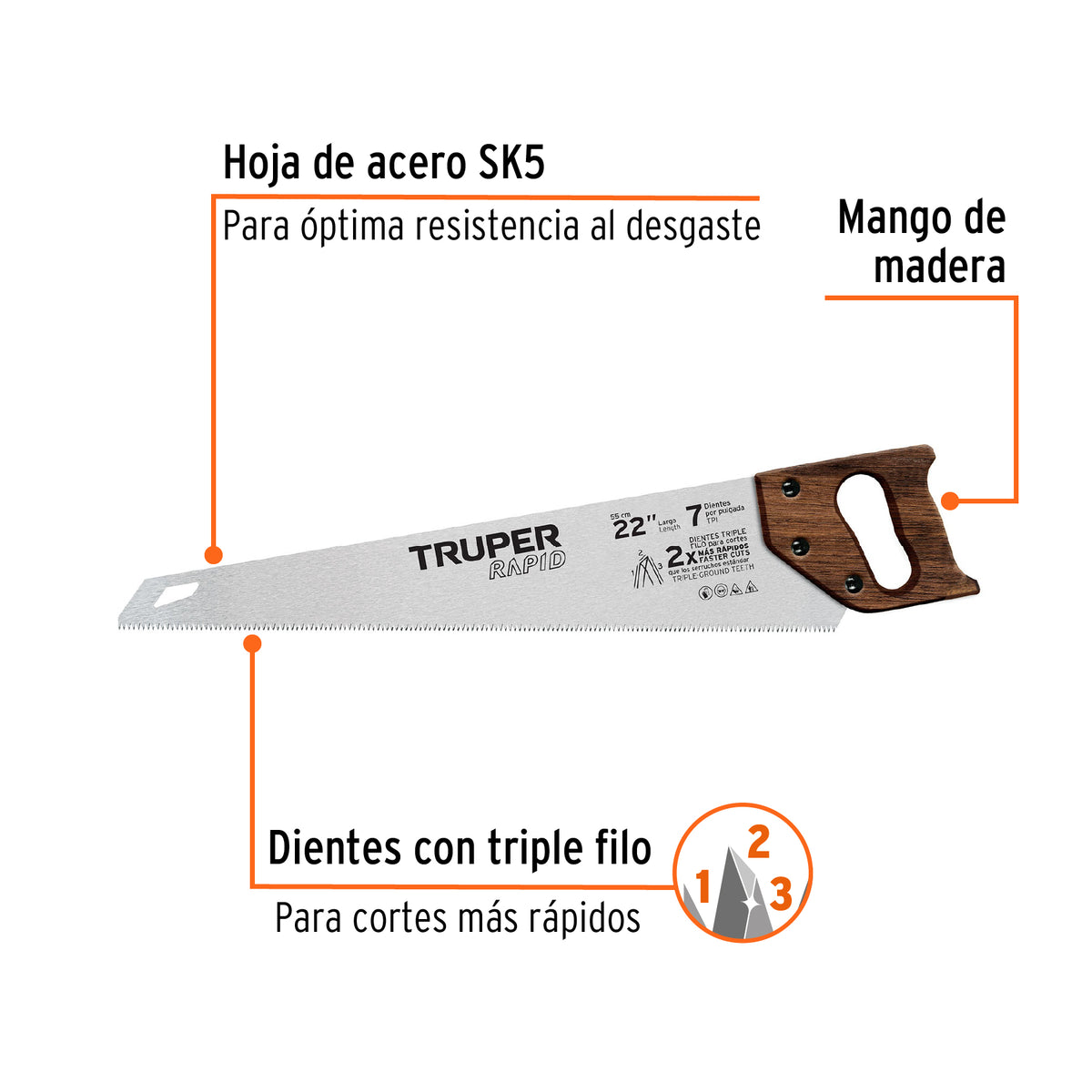 Serrucho Rapid 22', 7 DPP, mango de madera, TRUPER, Truper, SKU 102952 — vista 3