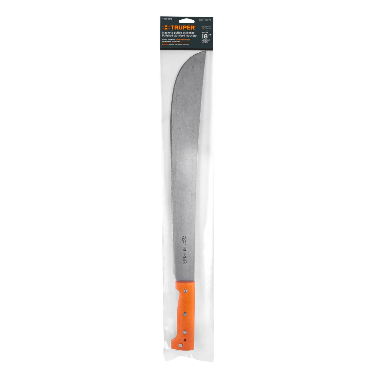 Machete estándar 18' cacha naranja remachada en bolsa — foto oficial 2