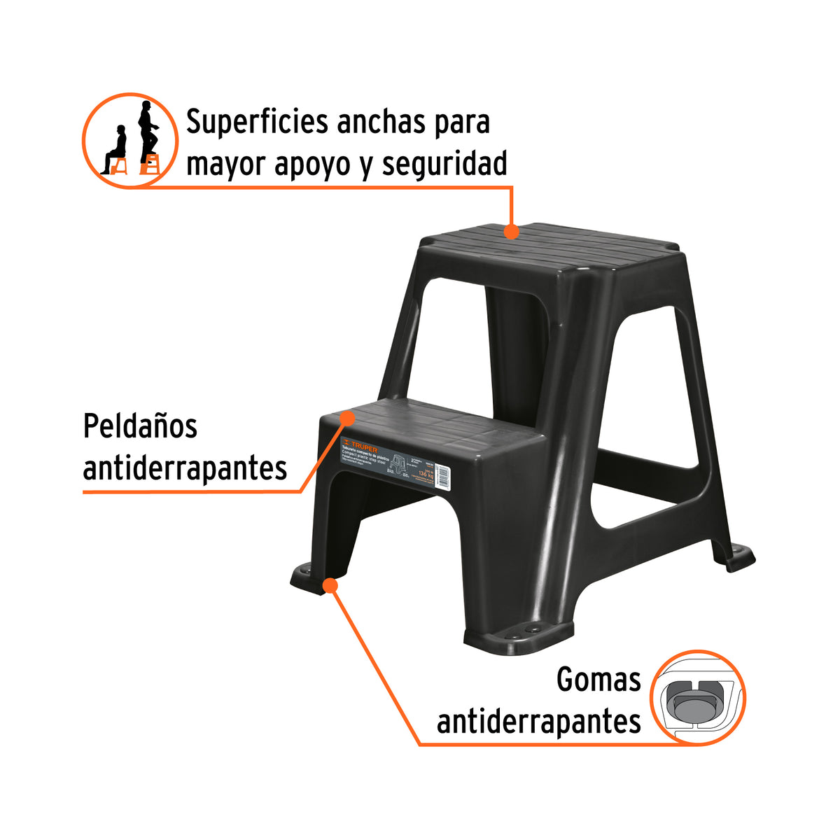 Taburete ligero de plástico, 2 peldaños, Truper, SKU 103020 — vista 3