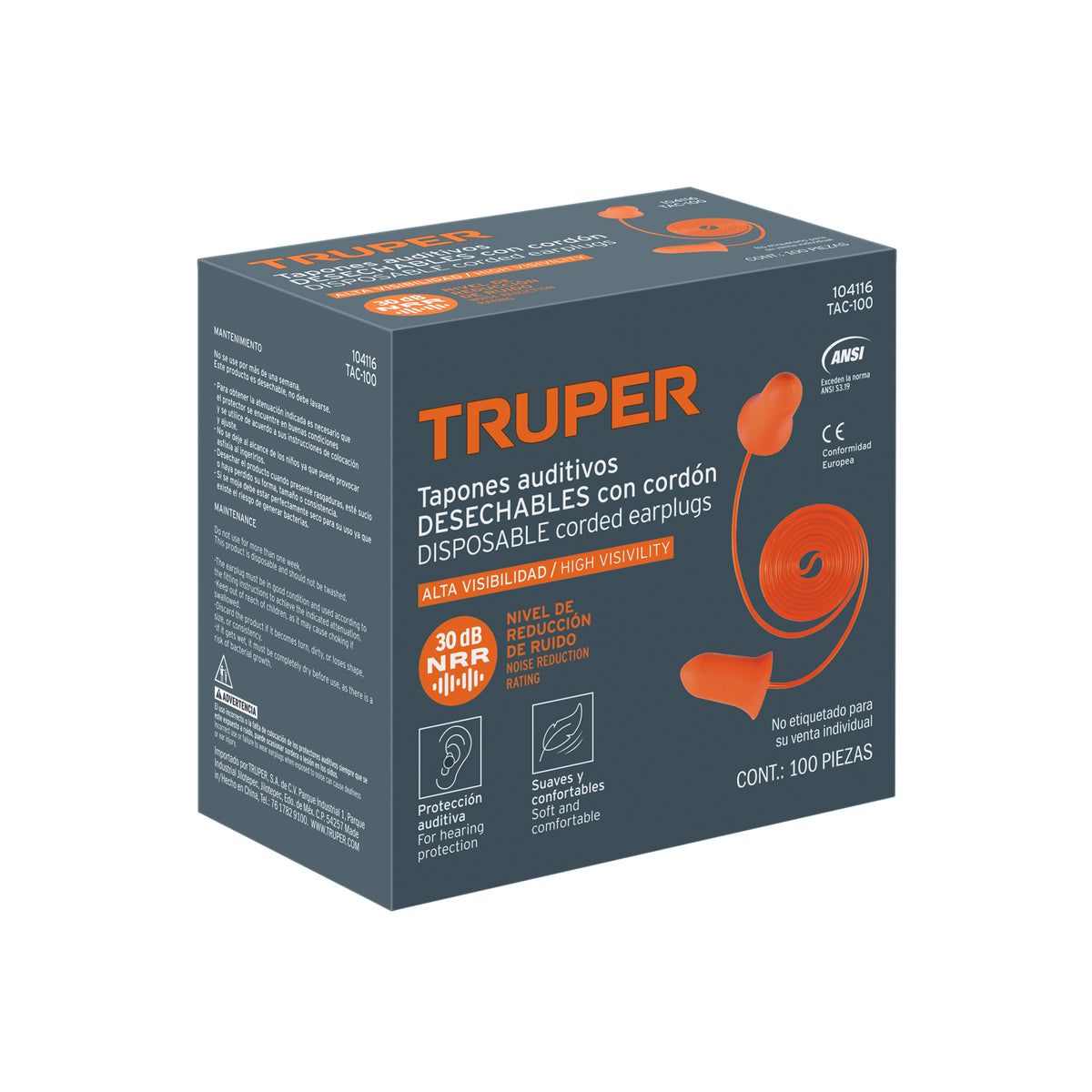 Tapón auditivo desechable con cordón, caja 100 pz — foto oficial 2