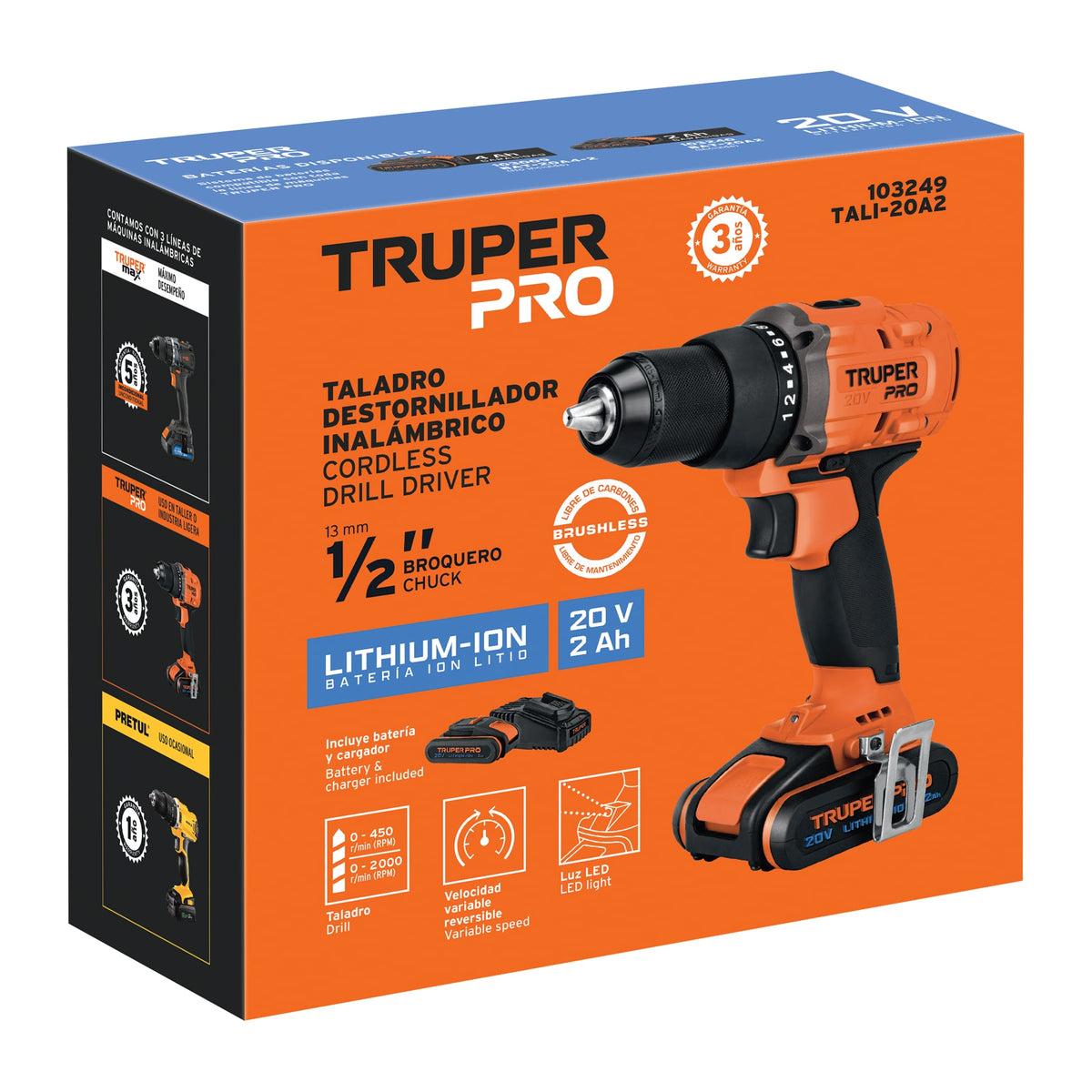 Taladro/destornillador 1/2', 20V, 1 batería 2Ah, TRUPER PRO — foto oficial 2