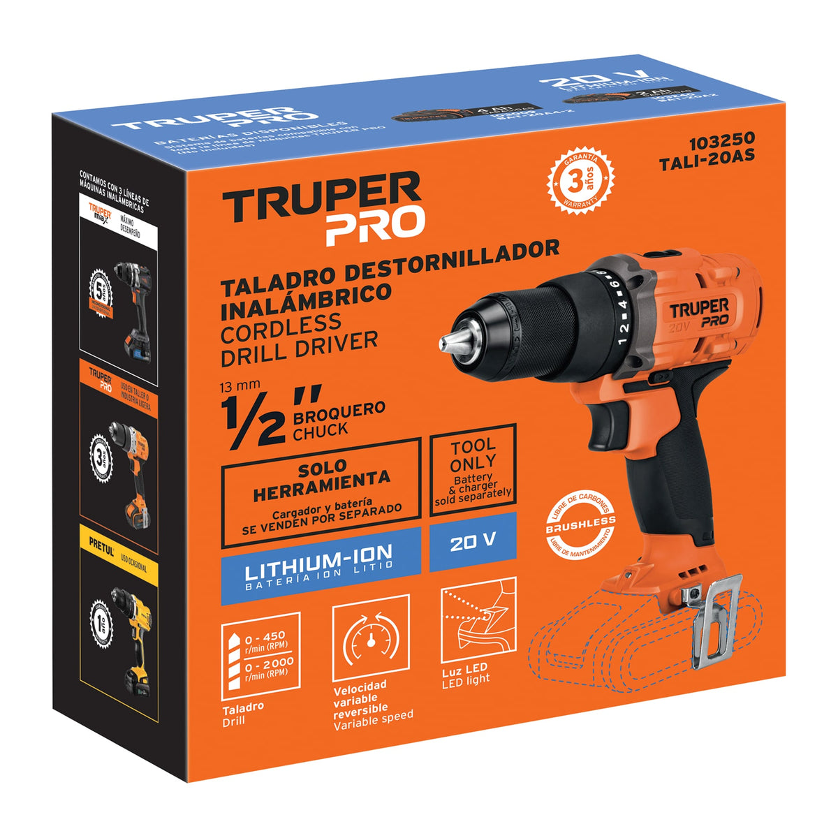 Taladro/destornillador 1/2', 20V, sin accesorios, TRUPER PRO, Truper, SKU 103250 — vista 2