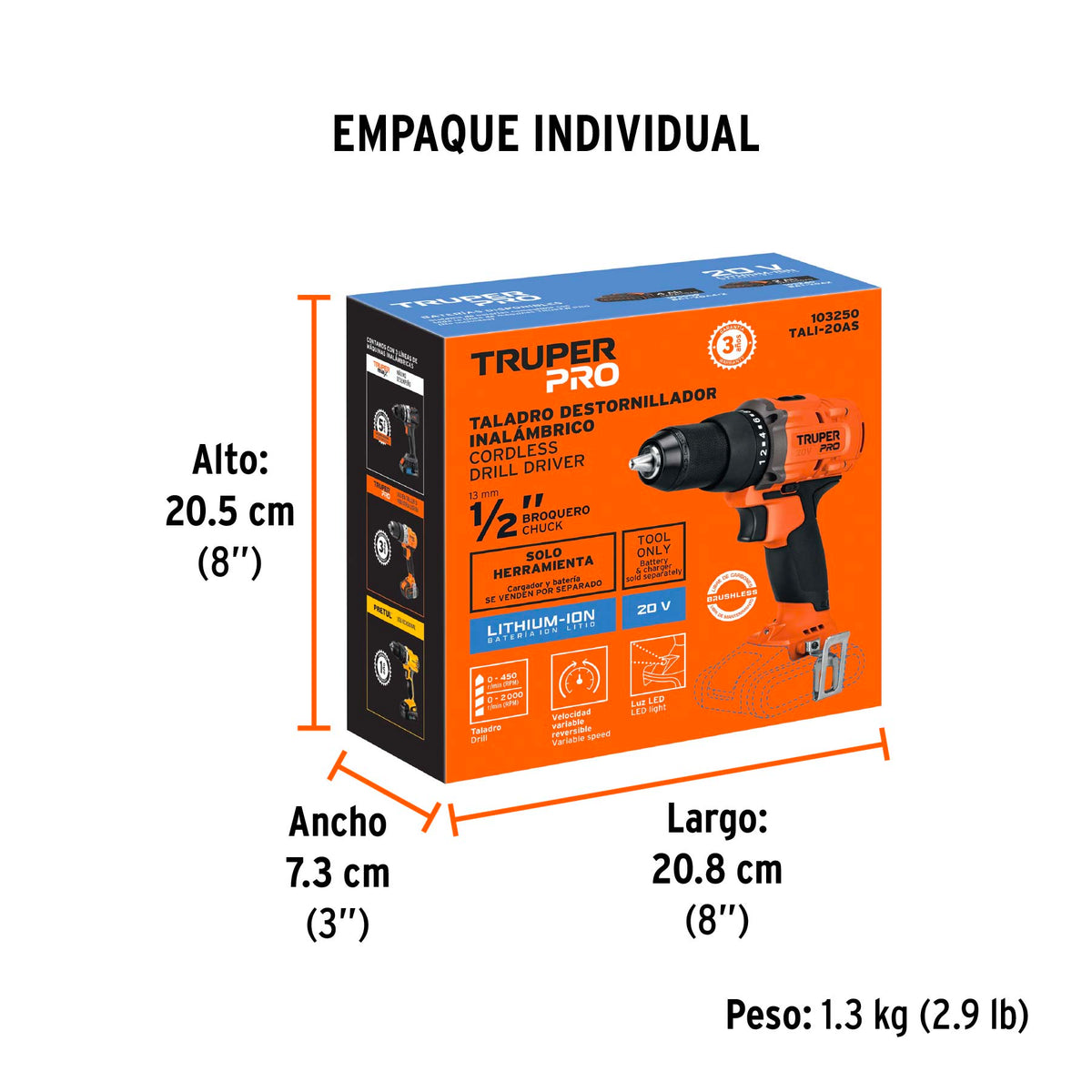 Taladro/destornillador 1/2', 20V, sin accesorios, TRUPER PRO, Truper, SKU 103250 — vista 5