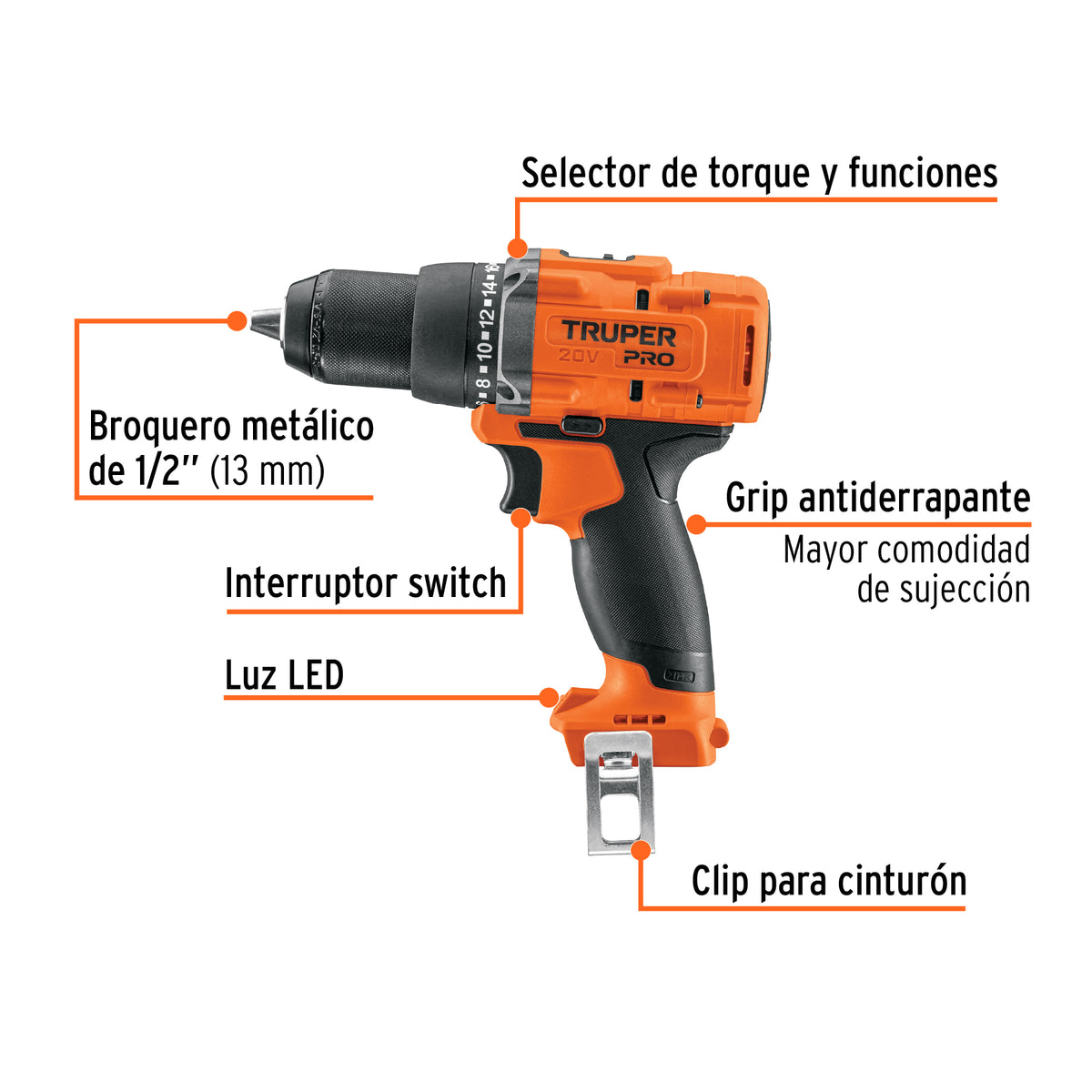 Taladro/destornillador 1/2', 20V, sin accesorios, TRUPER PRO, Truper, SKU 103250 — vista 3
