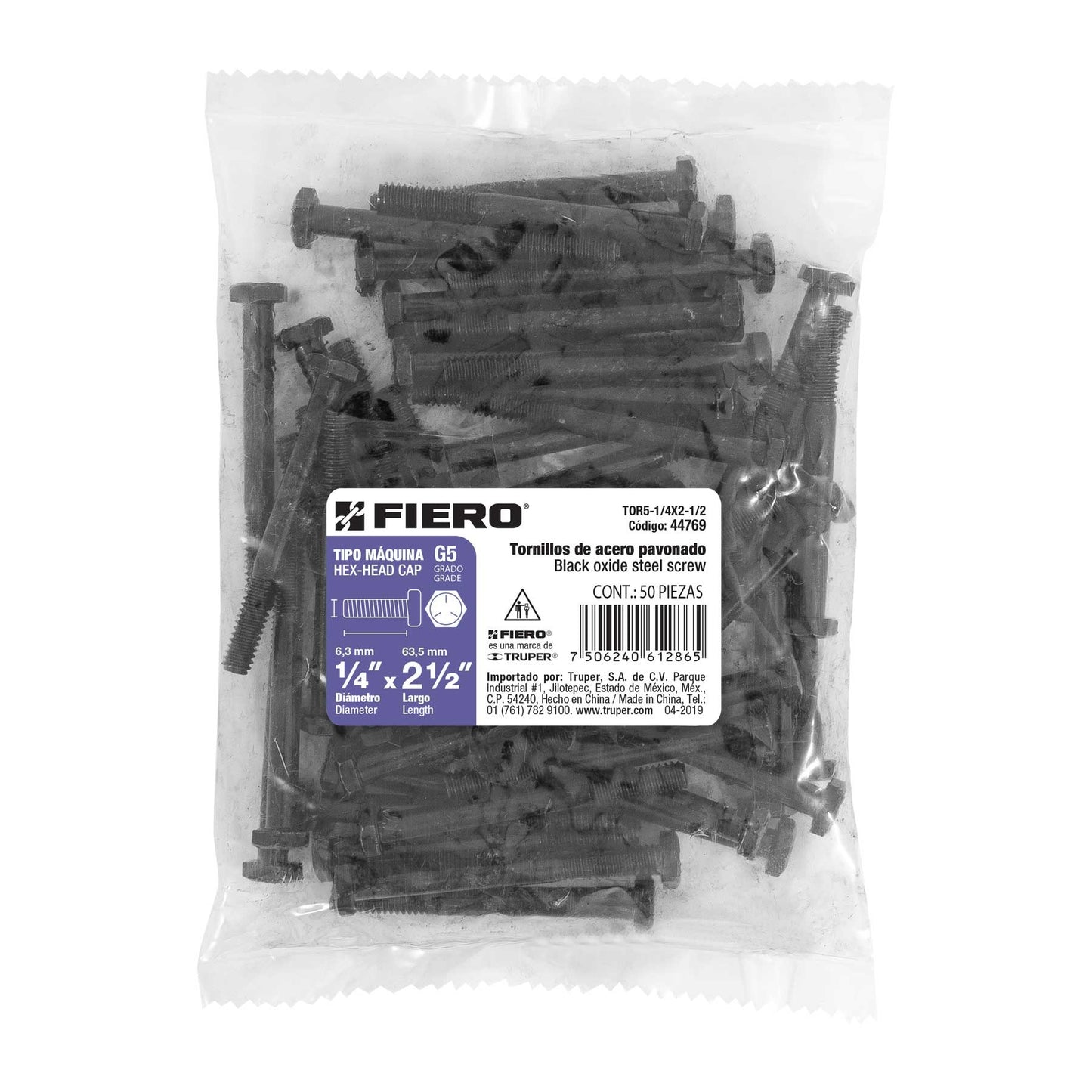 BOLSA 50 TORNILLOS 1/4" x 2-1/2" GRADO 5 FIERO 44769 TOR5-1/4X2-1/2