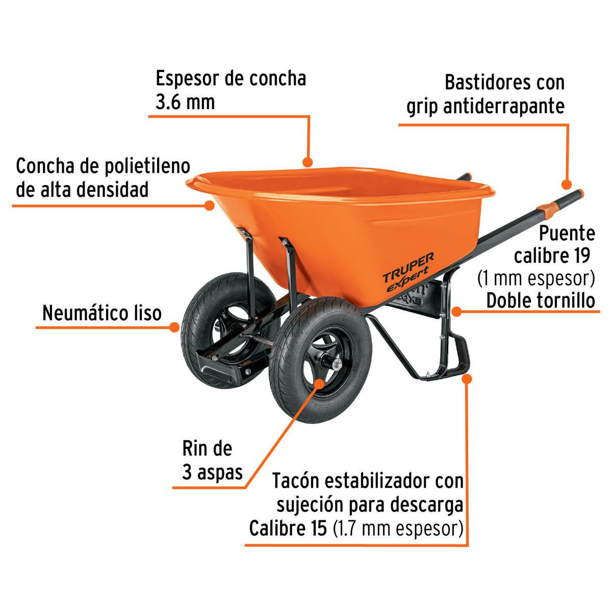 Carretilla 7ft3 EXPERT plástica, 2 llantas,bastidor metálico, Expert, SKU 103007 — vista 3