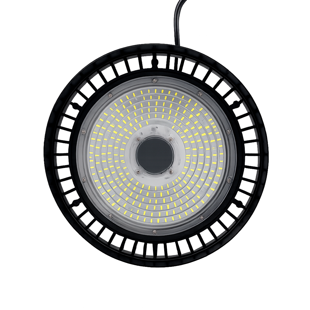 LÁMPARA INDUSTRIAL HIGHBAY LED UFO 200W 28,000LM POTENCIA AJUSTABLE 100W A 150W 65K LUZ FRÍA SUPRESOR DE PICOS DE 6KVA TISHMAN TLHB10152065