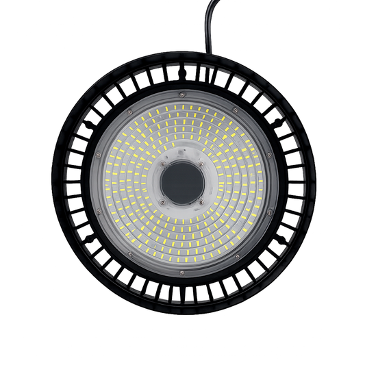 LÁMPARA INDUSTRIAL HIGHBAY LED UFO 200W 28,000LM POTENCIA AJUSTABLE 100W A 150W 65K LUZ FRÍA SUPRESOR DE PICOS DE 6KVA TISHMAN TLHB10152065