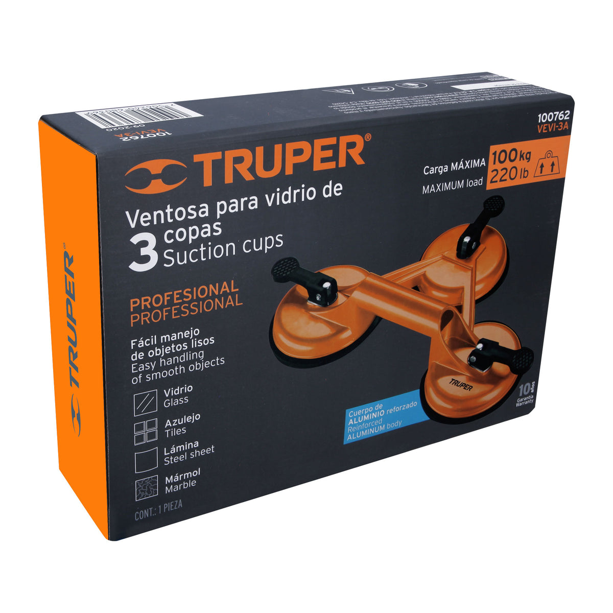 Ventosa de aluminio para vidrio, 3 copas de succión, TRUPER — foto oficial 2