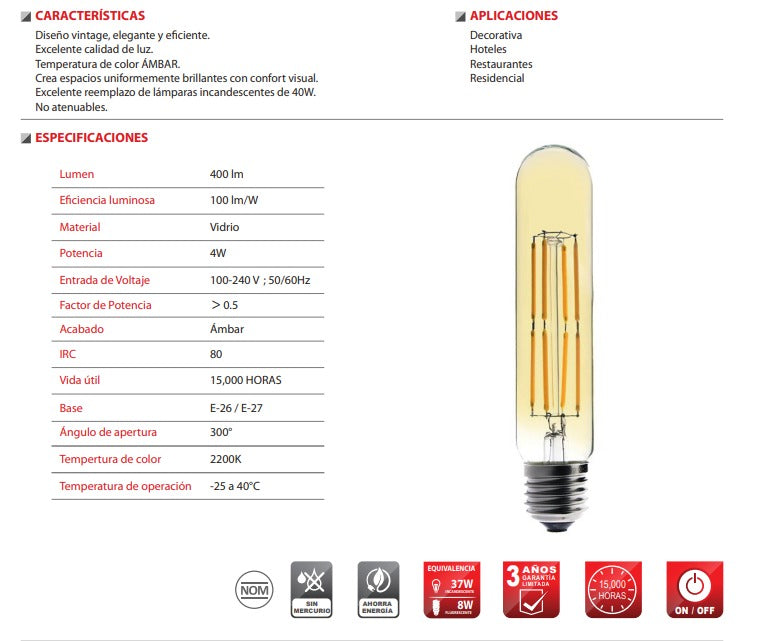 Foco LED Vintage No Dimmeable Hairpin 4W 100-240V E26/E27 Ykfil60