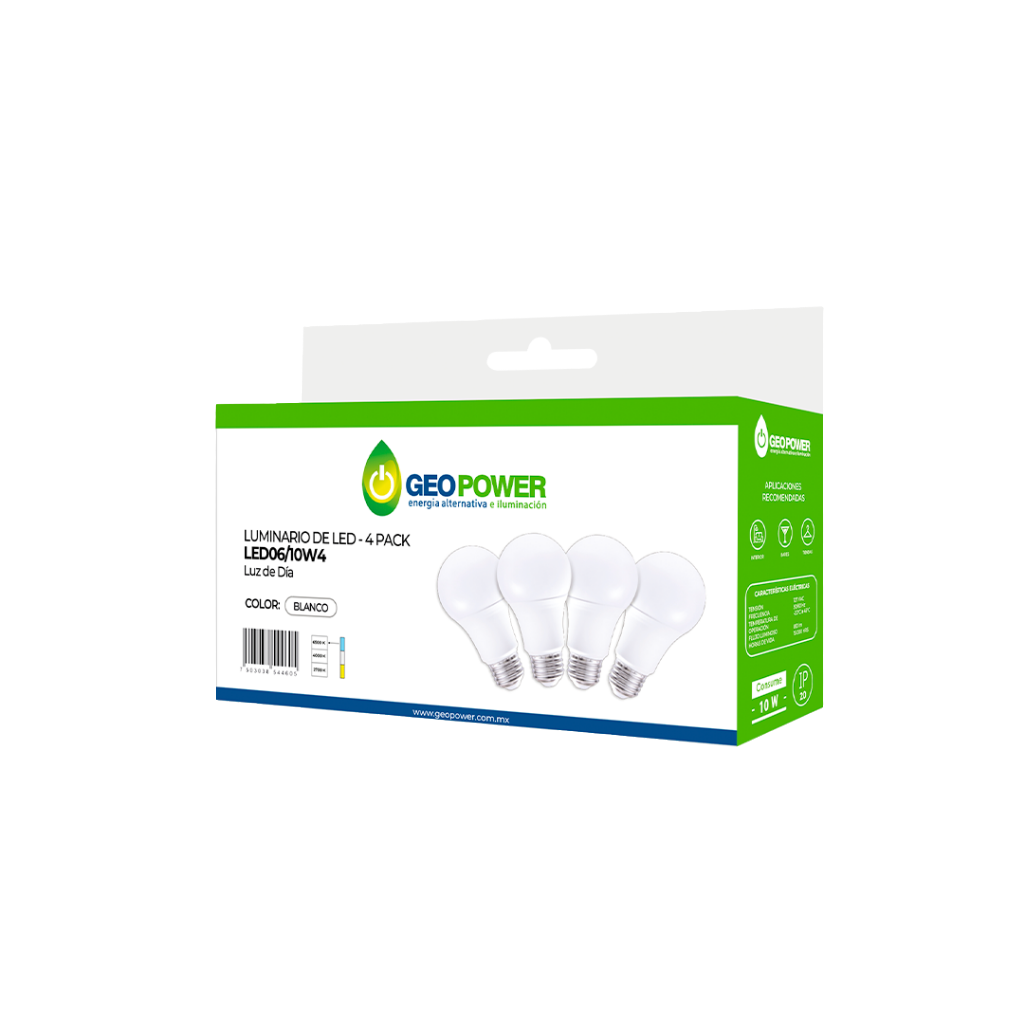 PACK 4 FOCOS LED A19 10W 64K LUZ FRÍA HIPOTECA VERDE GEOPOWER LED06/10W4