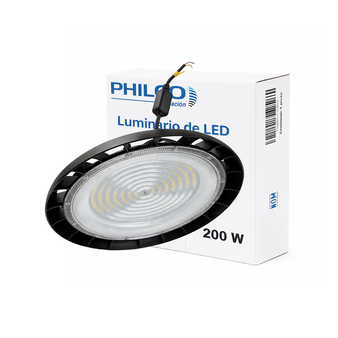 LÁMPARA HIGH BAY UFO 200W 28,000LM 57K LUZ FRÍA SUPRESOR DE PICOS DE 10KVA PHILCO 57685