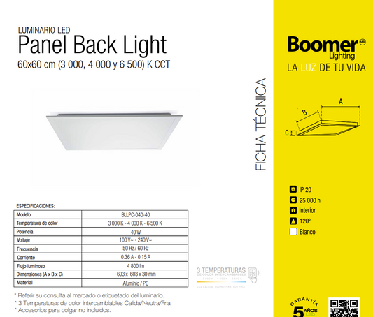 PANEL 60X60 MARCA BOOMER CCT CON TRIPLE TEMPERATURA FRIA NEUTRA Y CALIDA CON JOROBA TIPO BACKLIGHT