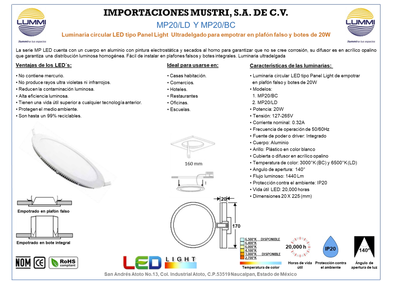PANEL SLIM CIRCULAR EMPOTRABLE LED LED 20W 22.5CM  1,440LM 65K LUZ FRÍA LUMMI MP20/LD