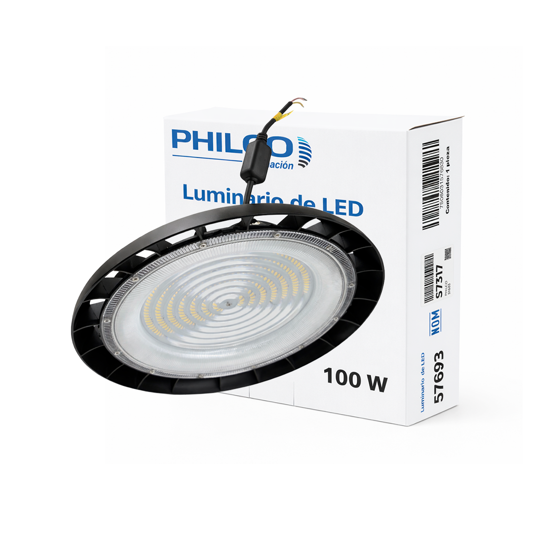 LÁMPARA HIGH BAY UFO 100W 14,000LM 57K LUZ FRÍA PHILCO 57683.  INCLUYE SUPRESOR DE PICOS DE 10KVA