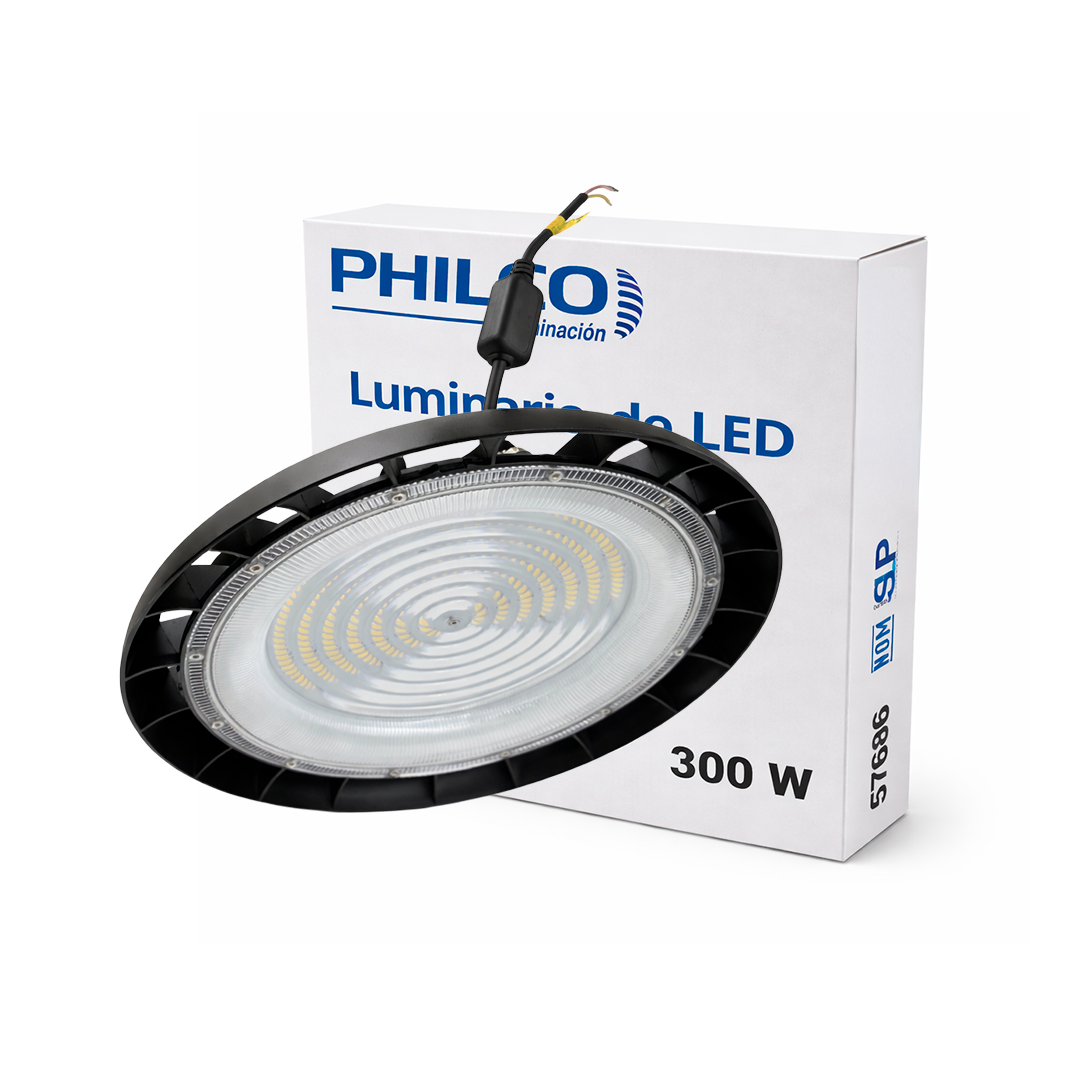 LÁMPARA HIGH BAY UFO 300W 43,000LM 57K LUZ FRÍA PHILCO 57686. INCLUYE SUPRESOR DE PICOS DE 10KVA