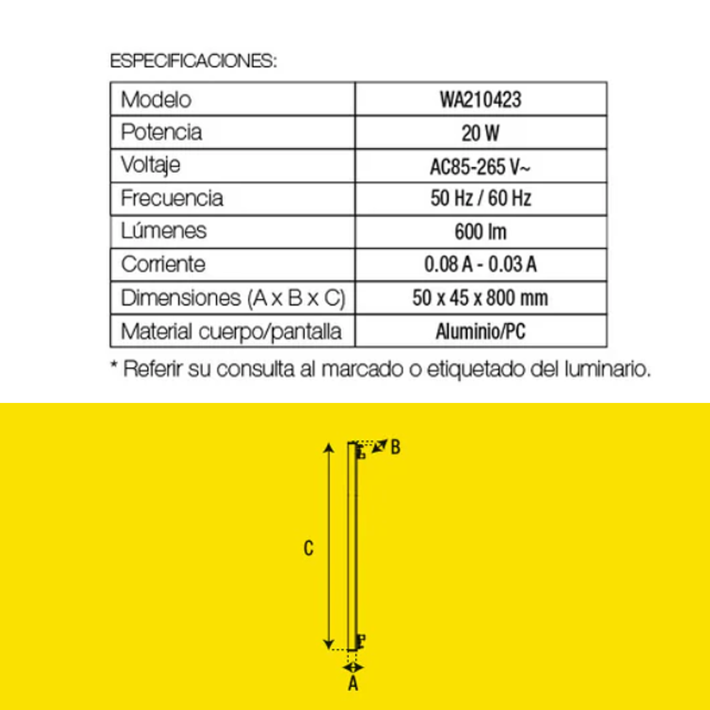LÁMPARA DE MURO ARBOTANTE  BARRA RECTANGULAR 20W 30K LUZ CÁLIDA BOOMER WA210423
