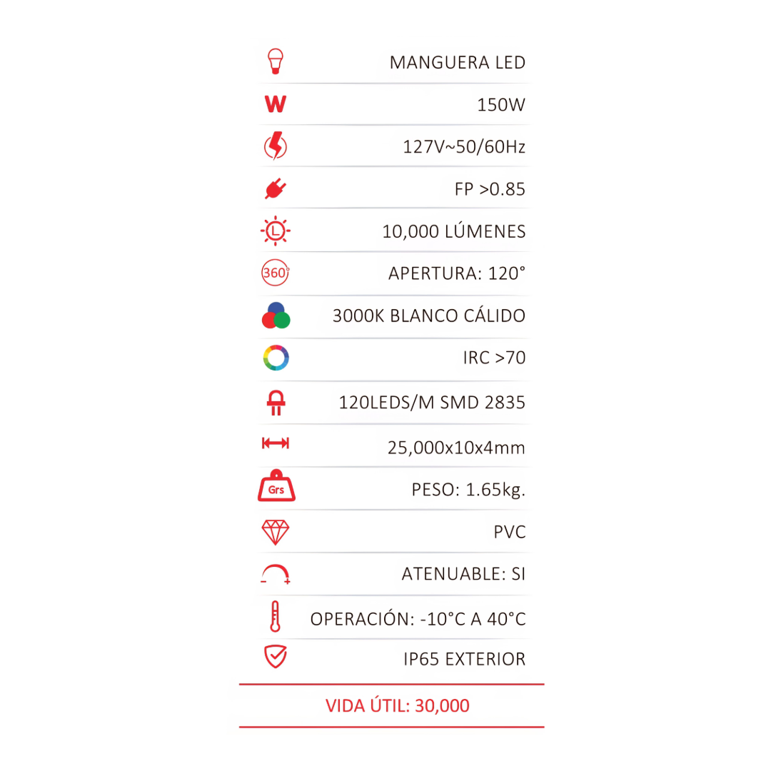 MANGUERA LED SMD EXTERIOR 25M ATENUABLE (REQUIERE ACCESORIO) 30K LUZ CÁLIDA WINLED WMA-007