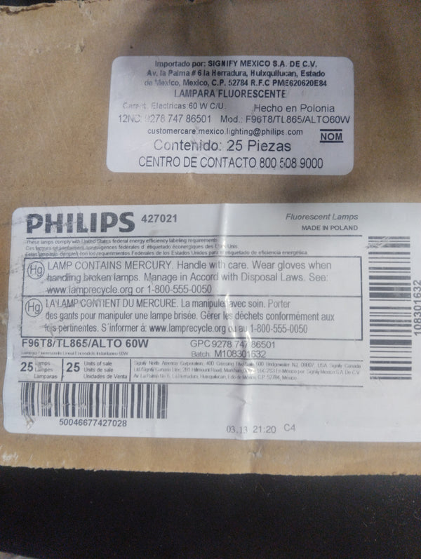Lámpara fluorescente tubo 60W T8 865K  PH927874786501 Mca. Philips 427021