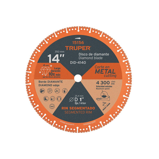 DISCO DE DIAMANTE DE 14' X 4 MM CORTE DE METAL TRUPER 15156 DID-4140