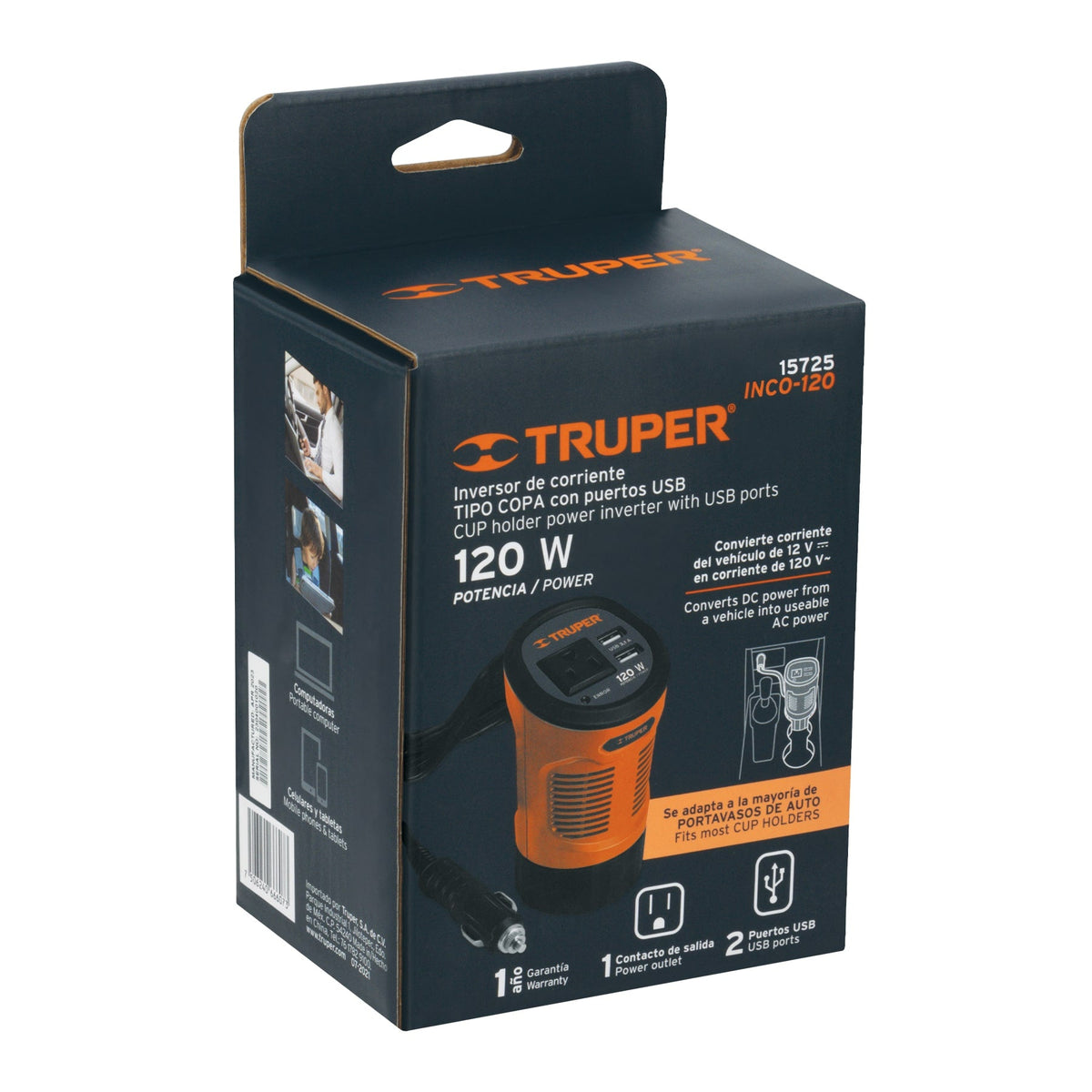 INVERSOR DE CORRIENTE 120 W TIPO VASO 2 PUERTOS USB TRUPER 15725 INCO-120 - vista adicional