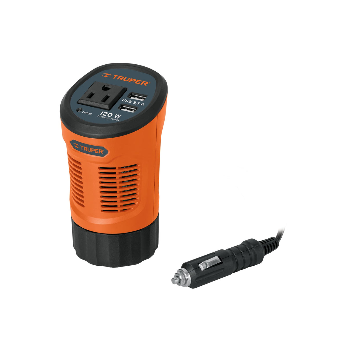 INVERSOR DE CORRIENTE 120 W TIPO VASO 2 PUERTOS USB TRUPER 15725 INCO-120