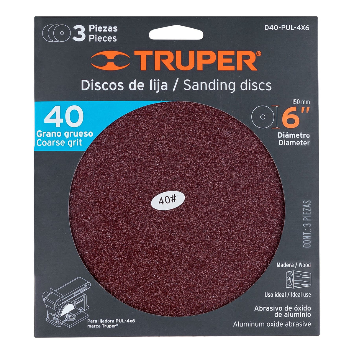 PAQUETE CON 3 DISCOS DE LIJA 6' GRANO 40 PARA PUL-4X6T 16162 D40-PUL-4X6 - vista adicional