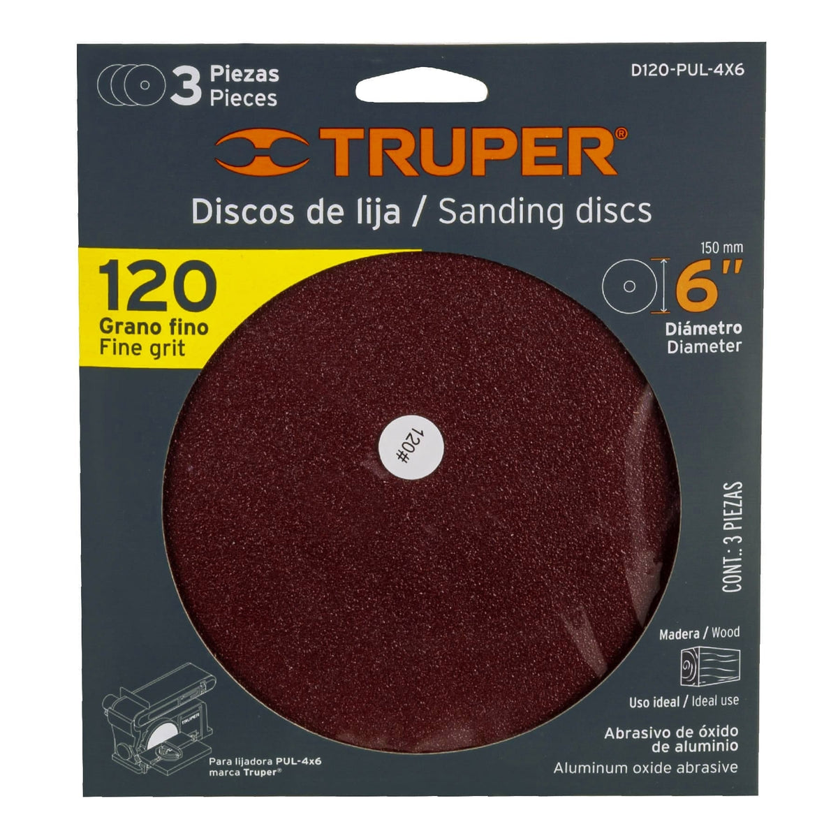 PAQUETE CON 3 DISCOS DE LIJA 6' GRANO 120 PARA PUL-4X6T 16165 D120-PUL-4X6 - vista adicional