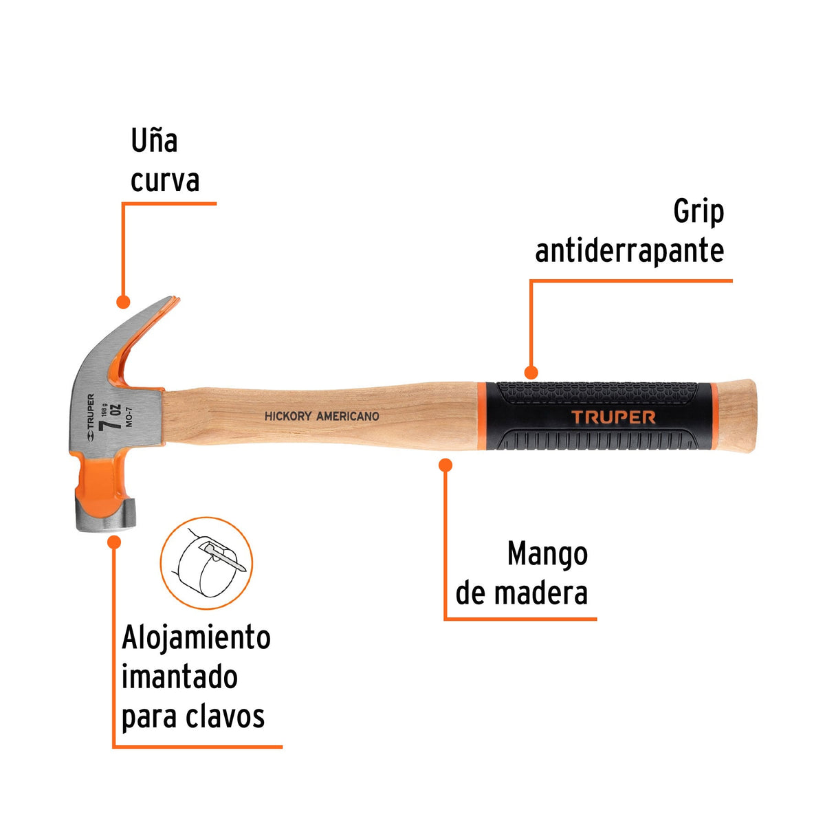 MARTILLO PULIDO 7 OZ UÑA CURVA MANGO HICKORY TRUPER GRIP 16650 MO-7