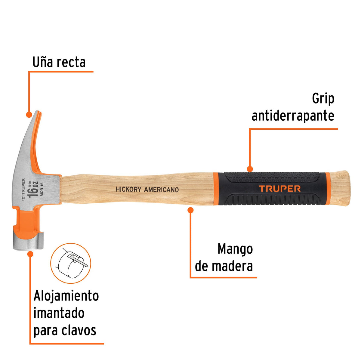 MARTILLO PULIDO 16 OZ UÑA RECTA MANGO HICKORY TRUPER GRIP 16658 MOR-16