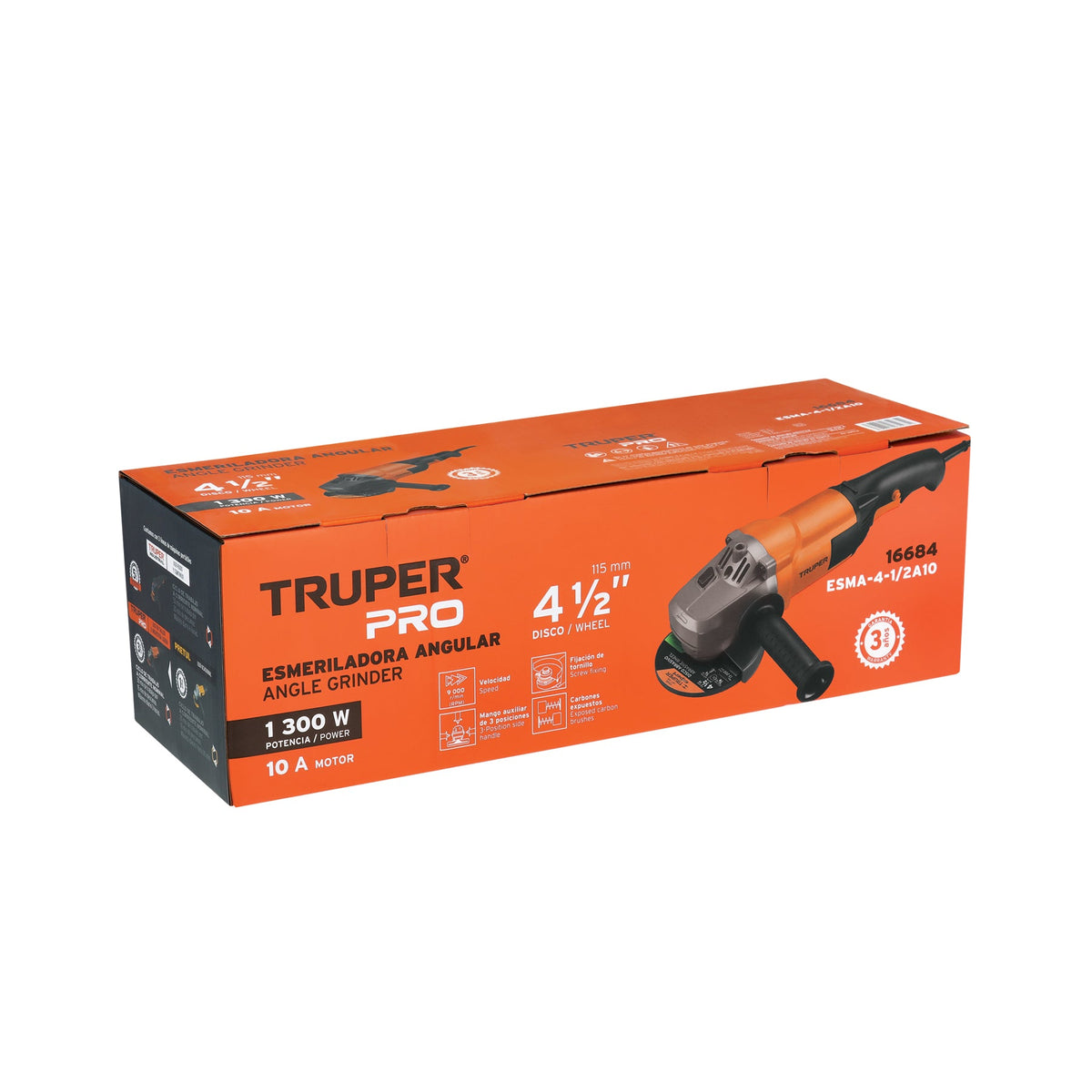 ESMERILADORA ANGULAR 4-1/2' 1300W TRUPER PRO 16684 ESMA-4-1/2A10